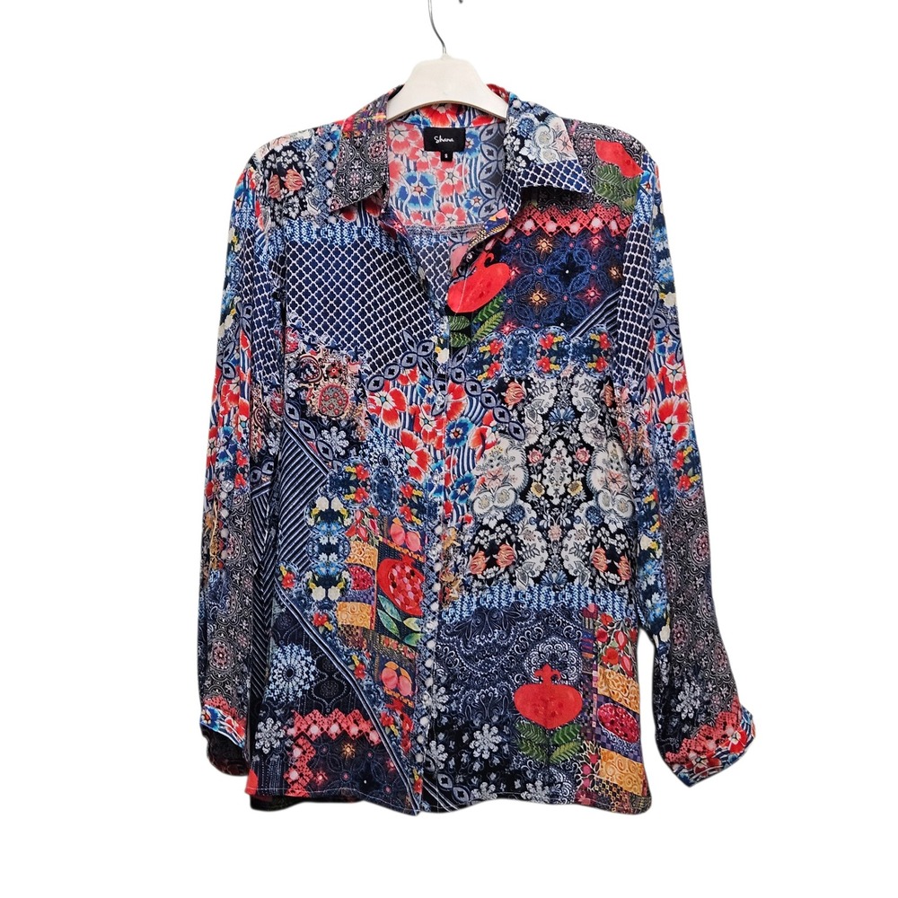 Shana Button Down Shirt Womens S Multicolor Patchwork Viscose Silk Boho‎ Blouse